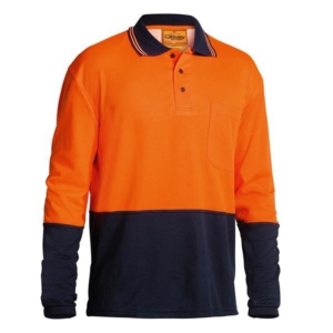 BISLEY LONG SLEEVE TWO TONE POLO SHIRT - Orange/Navy, S