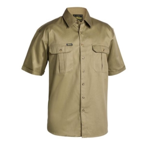 BISLEY COTTON DRILL SHORT SLEEVE SHIRT - Khaki, S